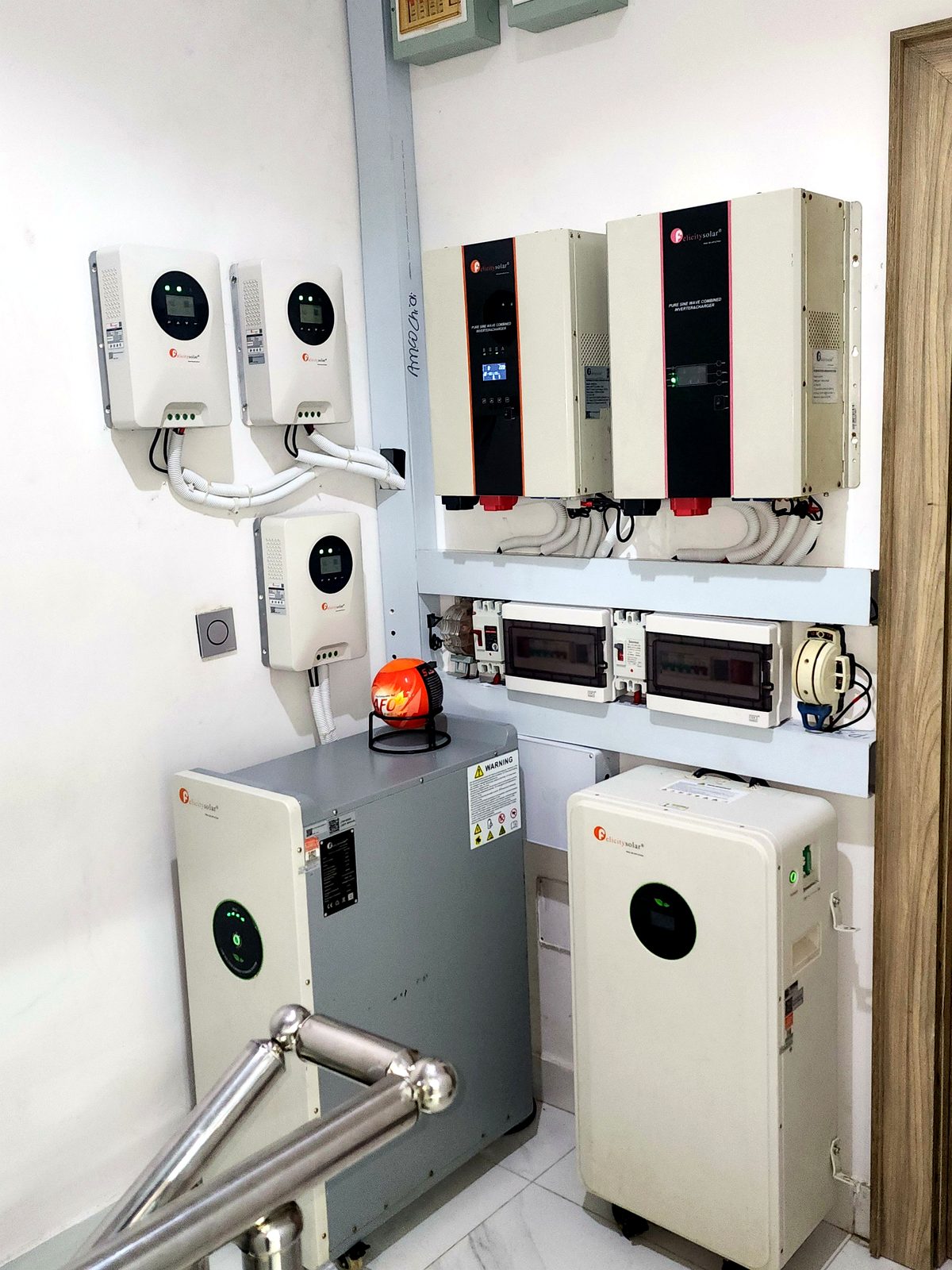 Inverters and distribution boards mounted on a plant room wall